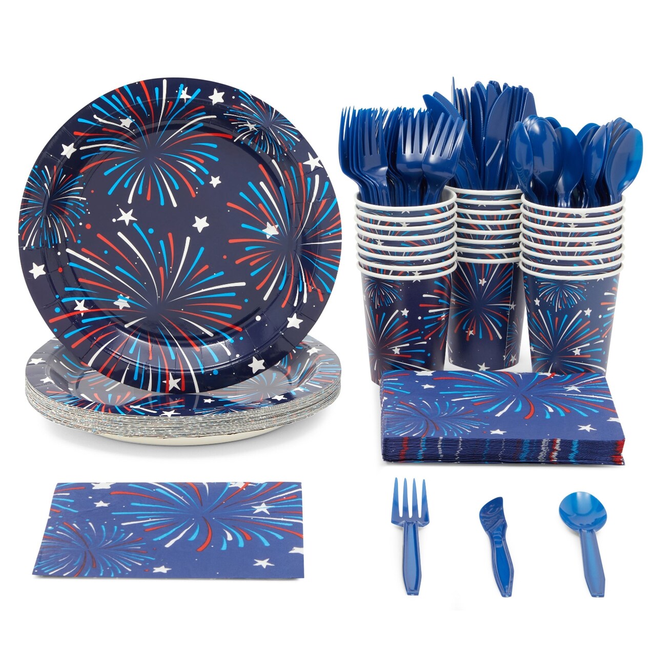 144 Piece 4th of July Party Supplies Fireworks, Napkins, Cups, and Cutlery for BBQ Celebration (Serves 24)